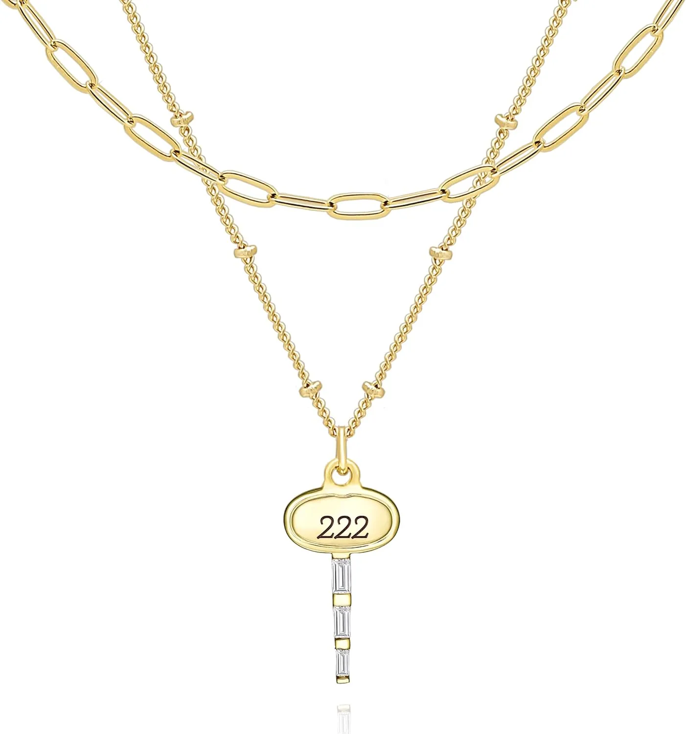 BONALUNA Angel Number Dainty Gold Necklace - 2 Layered & Separate Chains with Key Crystal Embellished Penant for Women, Perfect Jewelry for Gifts
