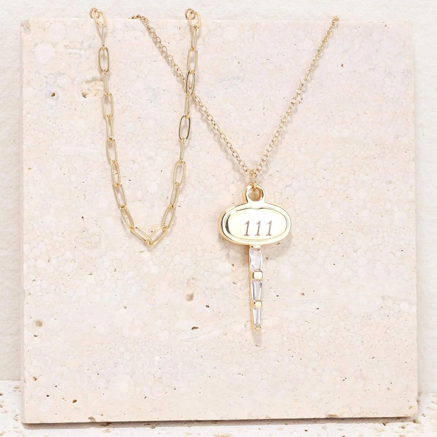 BONALUNA Angel Number Dainty Gold Necklace - 2 Layered & Separate Chains with Key Crystal Embellished Penant for Women, Perfect Jewelry for Gifts