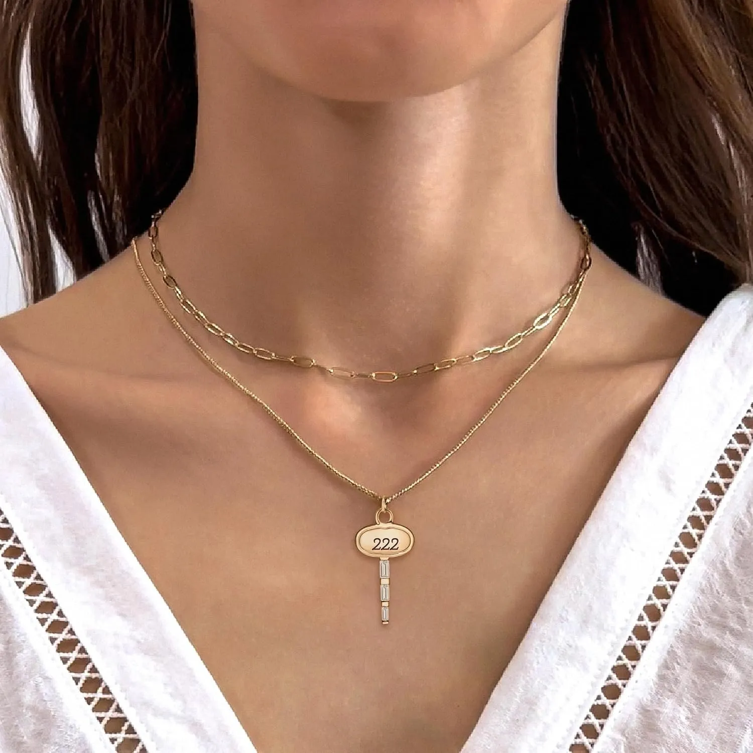 BONALUNA Angel Number Dainty Gold Necklace - 2 Layered & Separate Chains with Key Crystal Embellished Penant for Women, Perfect Jewelry for Gifts
