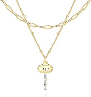BONALUNA Angel Number Dainty Gold Necklace - 2 Layered & Separate Chains with Key Crystal Embellished Penant for Women, Perfect Jewelry for Gifts
