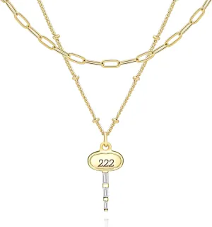 BONALUNA Angel Number Dainty Gold Necklace - 2 Layered & Separate Chains with Key Crystal Embellished Penant for Women, Perfect Jewelry for Gifts