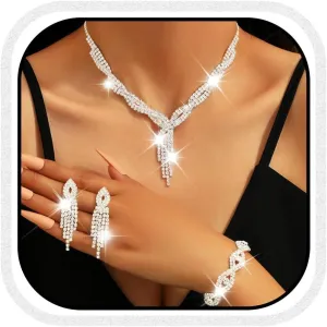 Bridal Jewelry Set Silver Rhinestone Necklace and Earrings Sets Formal Prom Jewelry Set for Women