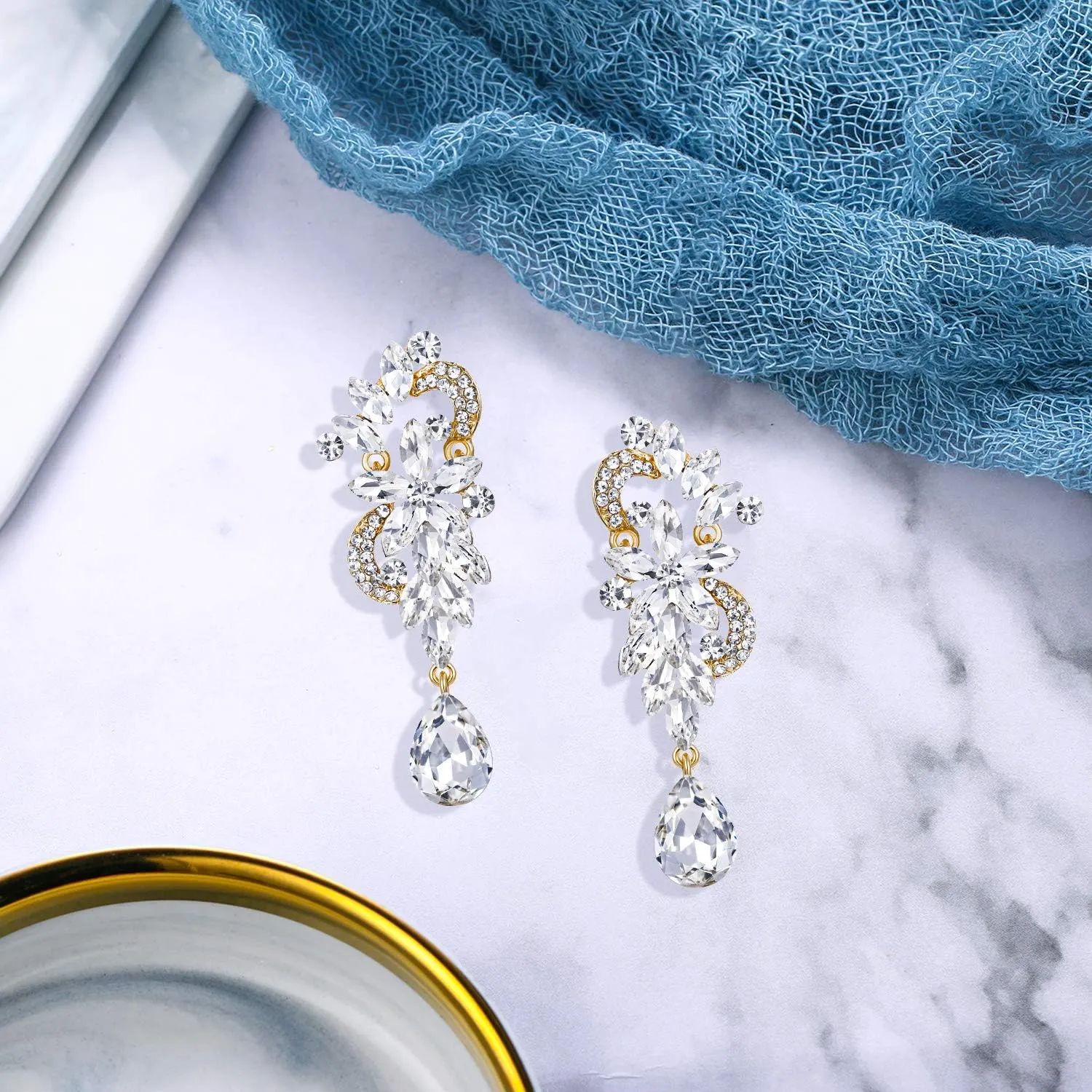 BriLove Women's Bohemian Boho Crystal Flower Wedding Bridal Chandelier Teardrop Bling Dangle Earrings