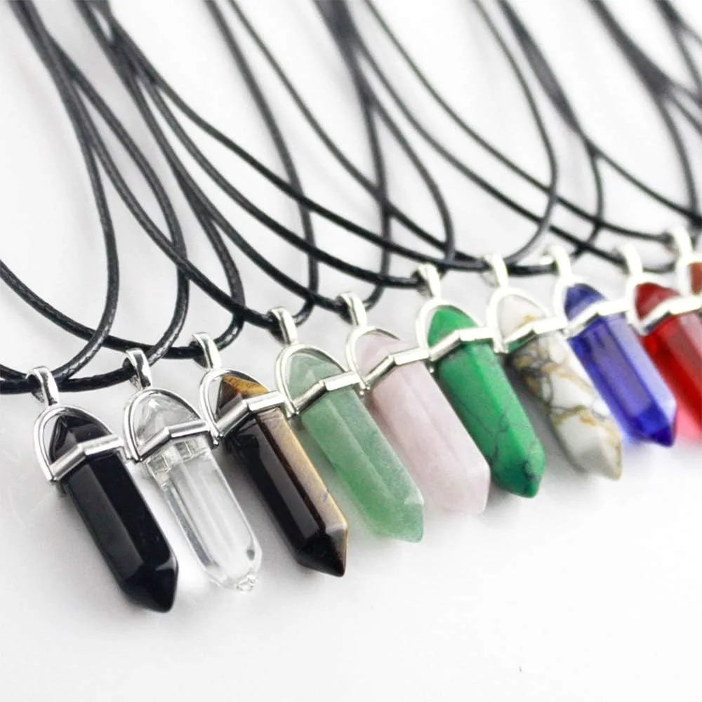 Bullet Shape Gemstone Choker Necklace Hexagonal Pointed Reiki Chakra Pendant Leather Necklace Bohemian Jewelry for Women