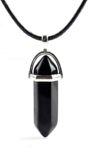 Bullet Shape Gemstone Choker Necklace Hexagonal Pointed Reiki Chakra Pendant Leather Necklace Bohemian Jewelry for Women