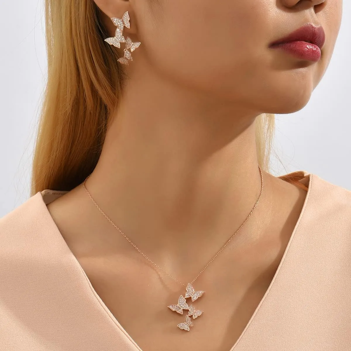Butterfly Earring Necklace Bracelet Set - 14K Gold Plated Dainty Butterfly Jewelry Set with Cubic Zirconia, Birthday Bar Mitzvah Gifts for Women | Color: Gold/White Gold/Rose Gold