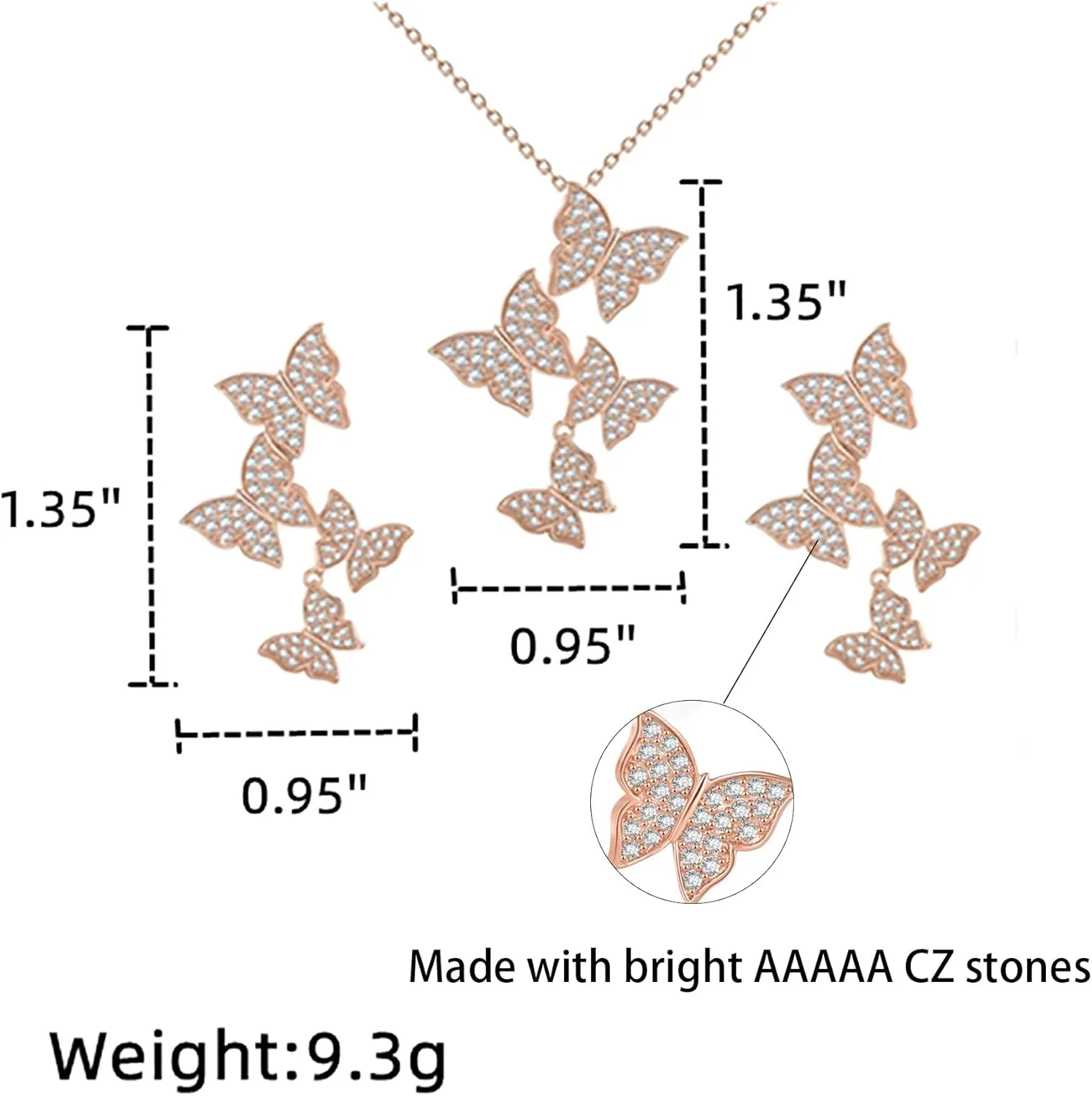 Butterfly Earring Necklace Bracelet Set - 14K Gold Plated Dainty Butterfly Jewelry Set with Cubic Zirconia, Birthday Bar Mitzvah Gifts for Women | Color: Gold/White Gold/Rose Gold