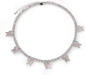 Butterfly Necklace Tennis Chain Butterfly Choker Bling Iced CZ Butterfly Necklace Silver Women