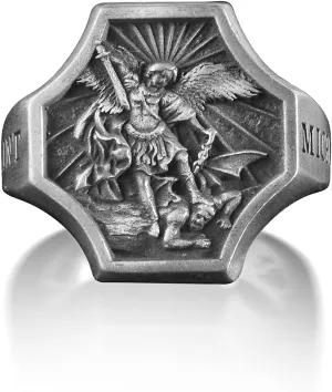 BySilverStone Jewelry - Archangel Michael Signet Men Ring in Sterling, Michael Defeating Satan Ring for Men, Mens Christian Rings, Religious Ring, Women Faith Ring