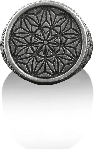 BySilverStone Jewelry - Geometric Flower Silver Signet Ring, 925 Sterling Silver Floral Ring, Family Ring, Engraved Ring, Nature Jewelry, Dainty Ring, Memorial Gift