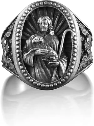 BySilverStone Jewelry - Jesus Christ holding Lamb Men Ring, Shepherd Jesus with Lamb, Men Christian Rings, Sterling Silver Signet Ring, Ring for Her, Catholic Ring
