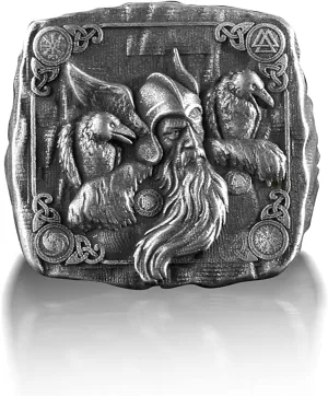 BySilverStone Jewelry - Odin The Viking God with Raven Signet Silver Ring, Scandinavian Mythology Jewelry, Hugin Munin Mens Ring, Sterling Silver Viking God Ring