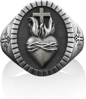 BySilverStone Jewelry Sacred Heart Men Ring, Religious Sacred Heart Ring, Christian Mens Ring, Signet Christian Men Ring, Silver Men Ring, Sacred Heart Gift Ring