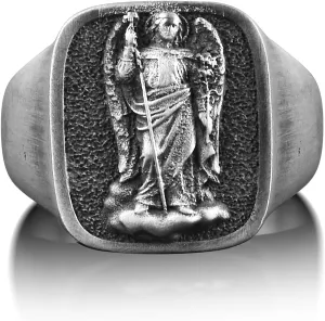 BySilverStone Jewelry Silver Ring Men - Archangel Gabriel Religious Ring, Sterling Silver Faith Ring For Family, Engraved Square Signet Ring For Men, Christian Jewelry For Husband