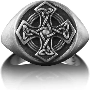 BySilverStone Jewelry Silver Ring Men - Celtic Cross Pinky Signet Ring For Men, Oxidized Celtic Mythology Ring in Sterling Silver, Nordic Christian Ring For Family, Faith Ring