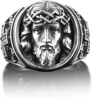 BySilverStone Jewelry Silver Ring Men - Jesus with Crown of Thorns Ring, Jesus with Cross Engraved Signet Ring For Men, Christian Mens Ring in Sterling Silver, Faith Ring For Dad