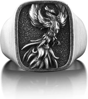 BySilverStone Jewelry Silver Ring Men - Phoenix Fire Bird Mens Ring in Silver, Square Signet Ring For Men, Fantasy Ring For Best Friend, Mythology Ring For Husband, Cool Male Ring