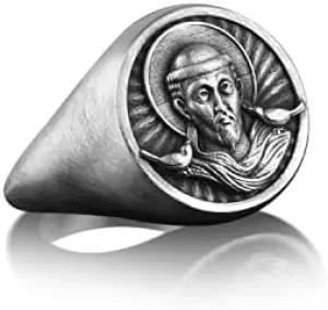 BySilverStone Jewelry Silver Ring Men - Saint Francis Of Assisi Christian Ring, Oxidized St Francis Pinky Signet Ring For Men in Silver, Patron Saint of Birds Faith Ring For Family