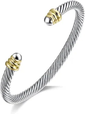 Cable Wire Cuff Bracelet Two Tone Bangle Bracelets for Women Stainless Steel Twisted Cable Cuff