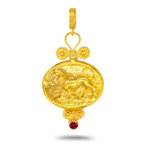 Caprixus 925 Sterling Silver Pendant Ancient Lion Coin 24K Gold Vermeil Red Color Cubic Zirconia Handmade Granulated Designer Greek Roman Art Artisan Turkish Fine Jewelry
