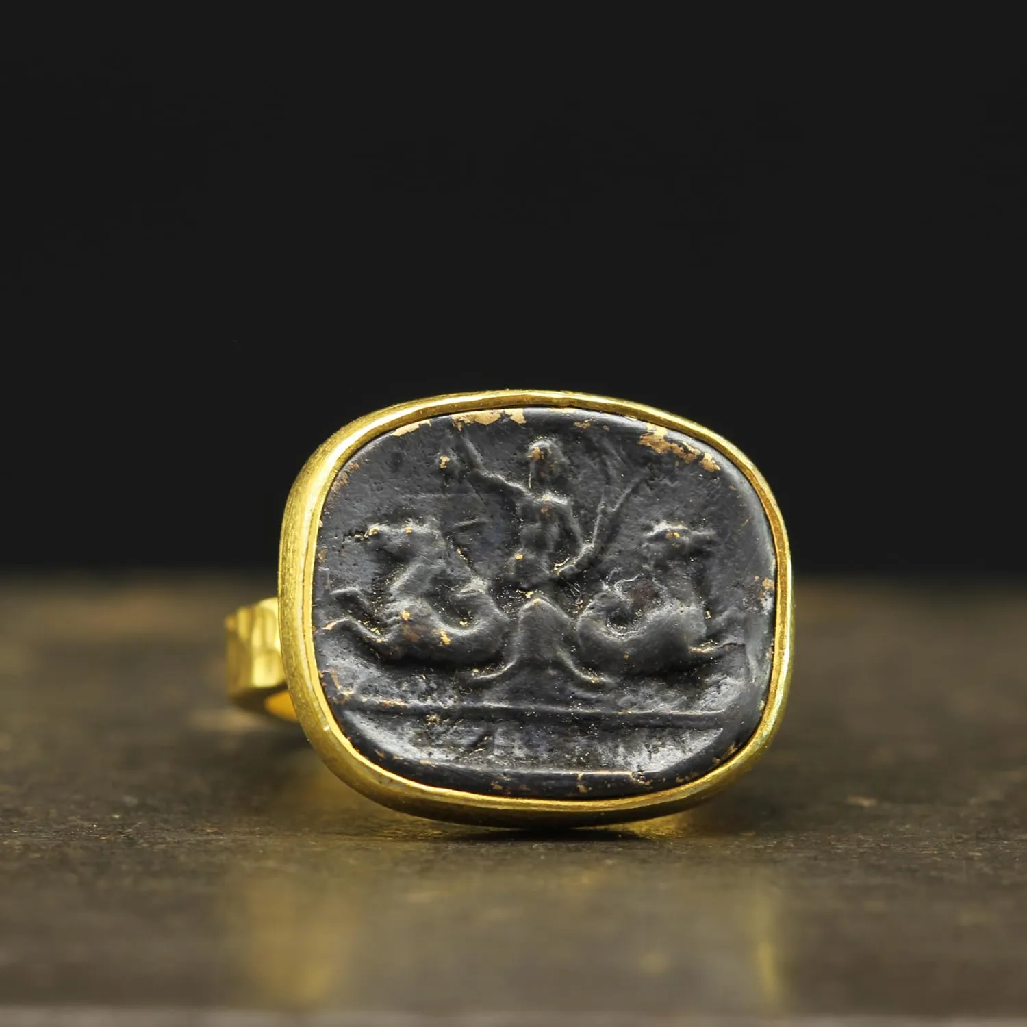 Caprixus 925 Sterling Silver Signet Ring Ancient Greek Art Poseidon Coin 24K Gold Vermeil & Oxidized Two Tone Hammered Designer Handmade Turkish Fine Jewelry for Women
