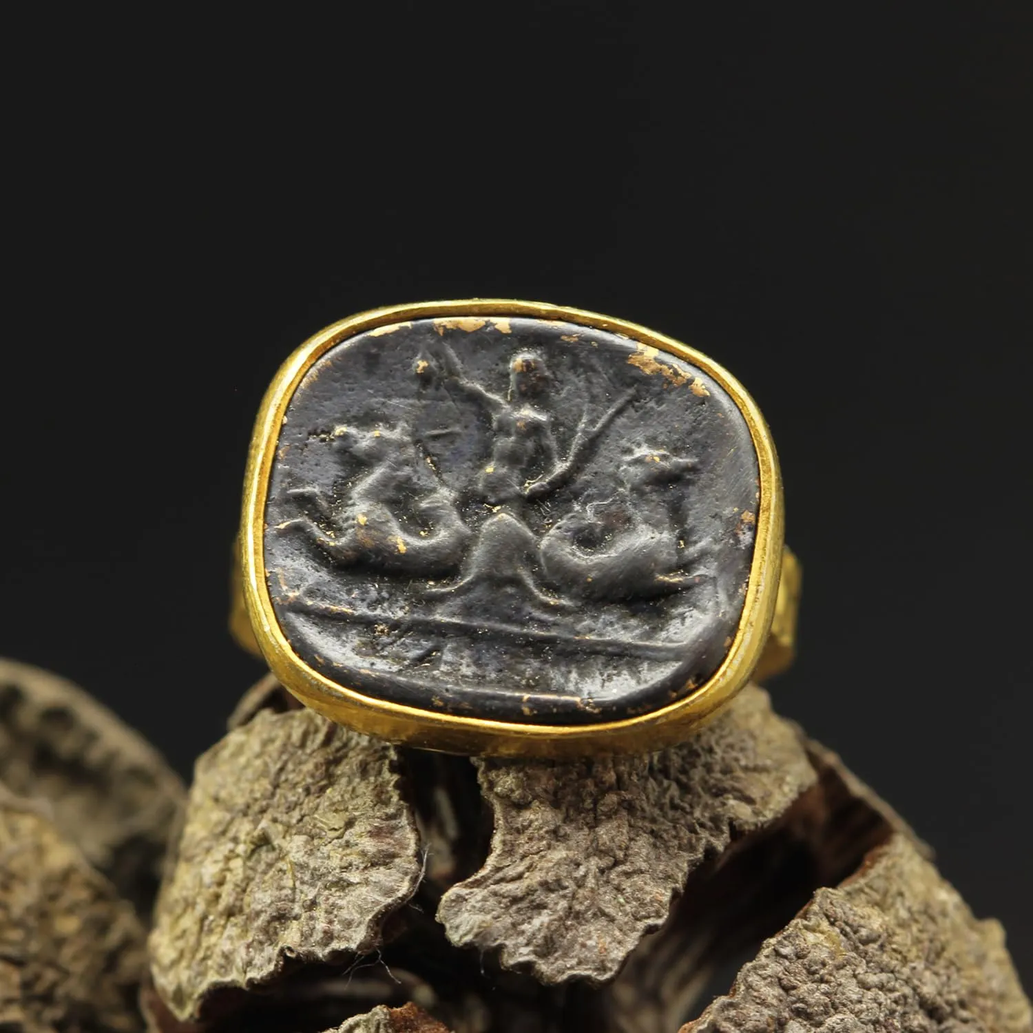 Caprixus 925 Sterling Silver Signet Ring Ancient Greek Art Poseidon Coin 24K Gold Vermeil & Oxidized Two Tone Hammered Designer Handmade Turkish Fine Jewelry for Women