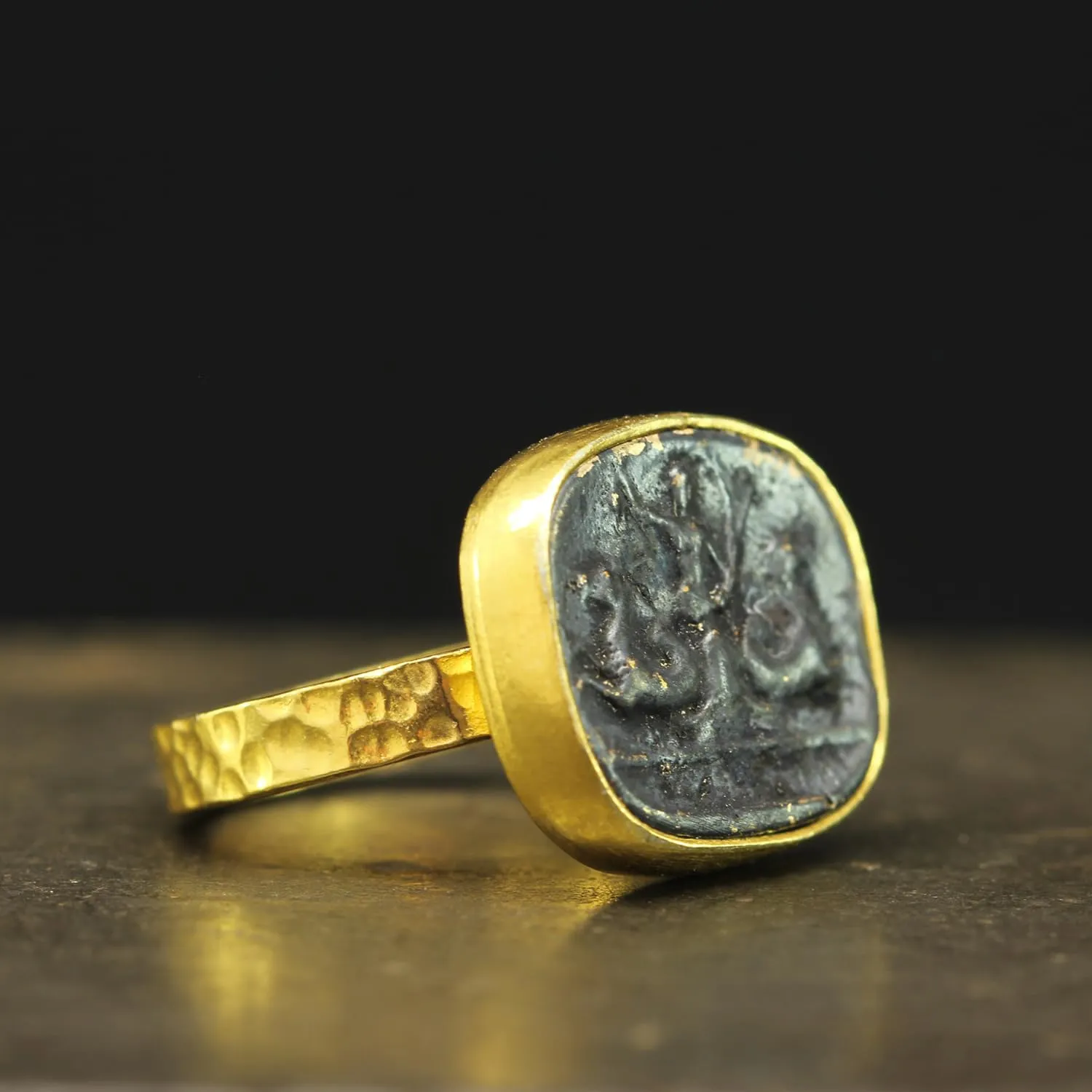 Caprixus 925 Sterling Silver Signet Ring Ancient Greek Art Poseidon Coin 24K Gold Vermeil & Oxidized Two Tone Hammered Designer Handmade Turkish Fine Jewelry for Women