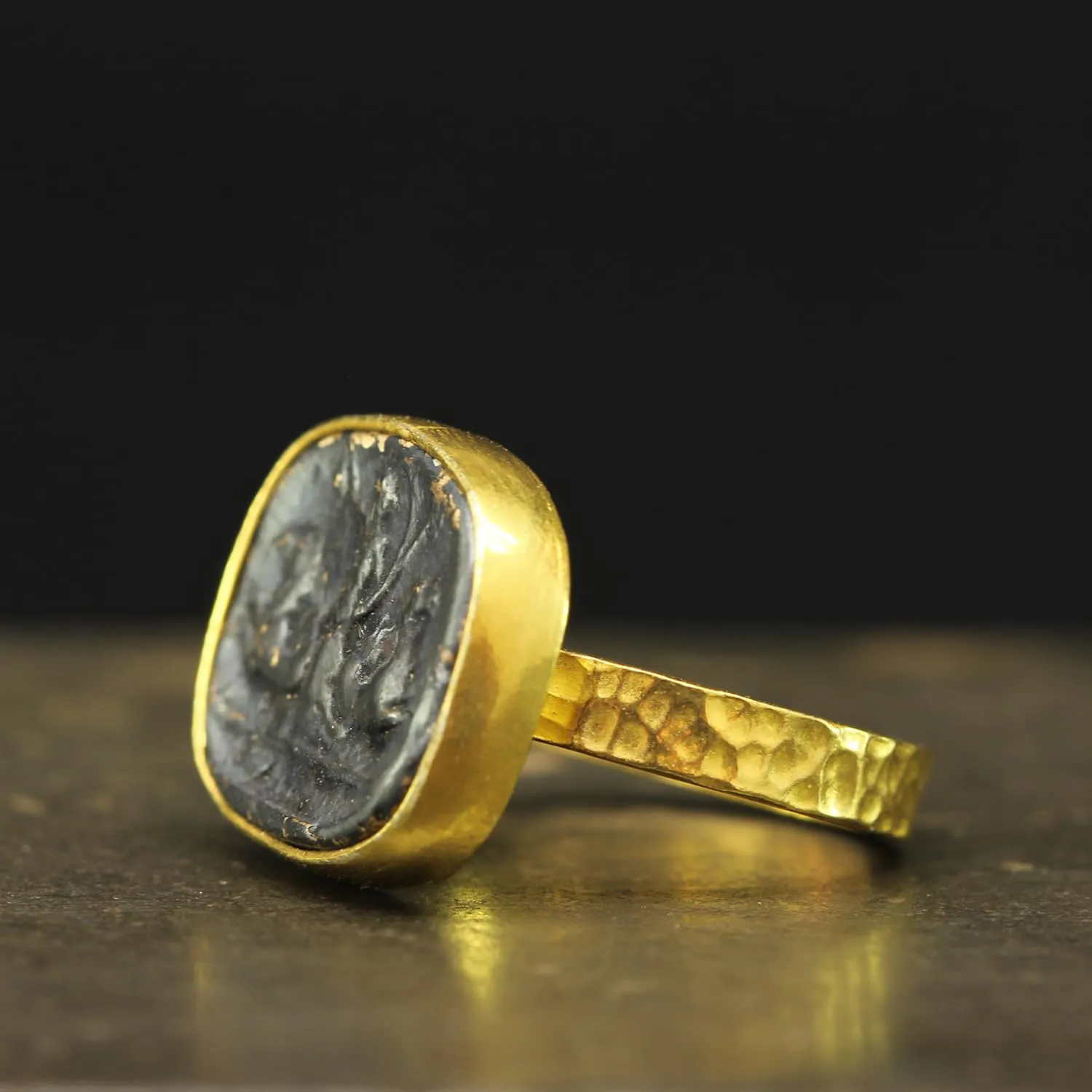 Caprixus 925 Sterling Silver Signet Ring Ancient Greek Art Poseidon Coin 24K Gold Vermeil & Oxidized Two Tone Hammered Designer Handmade Turkish Fine Jewelry for Women