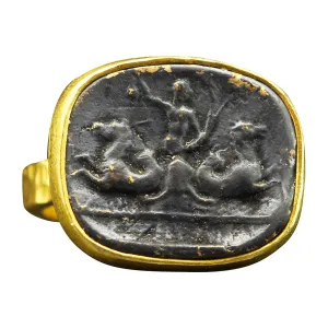 Caprixus 925 Sterling Silver Signet Ring Ancient Greek Art Poseidon Coin 24K Gold Vermeil & Oxidized Two Tone Hammered Designer Handmade Turkish Fine Jewelry for Women
