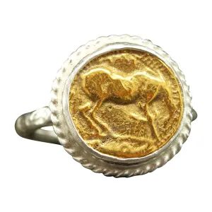 Caprixus 925 Sterling Silver Signet Ring Ancient Greek Thessaly Larissa Horse Coin 24K Gold Vermeil Two Tone Hammered Twisted Rope Setting Designer Handmade Turkish Fine Jewelry for Women