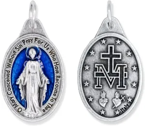 Caritas et Fides Bulk Pack of 10 - Miraculous Medal Pendant - 1" Silver Oxidized with Blue Enamel Accent Miraculous Medals Pendant for Necklace, Medals for Jewelry Catholic, Made in Italy