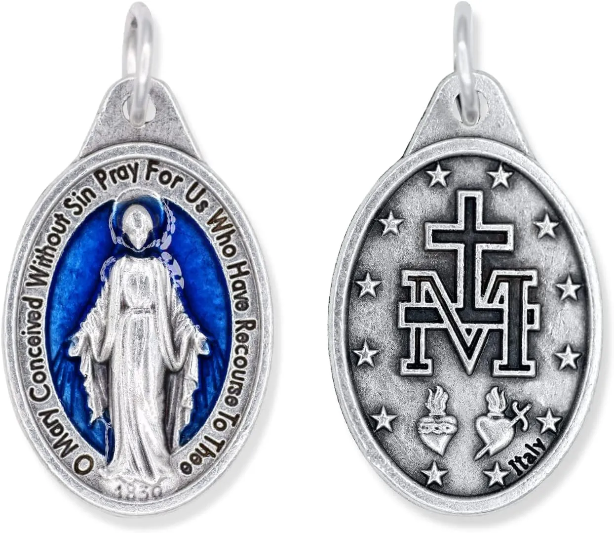 Caritas et Fides Bulk Pack of 10 - Miraculous Medal Pendant - 1" Silver Oxidized with Blue Enamel Accent Miraculous Medals Pendant for Necklace, Medals for Jewelry Catholic, Made in Italy