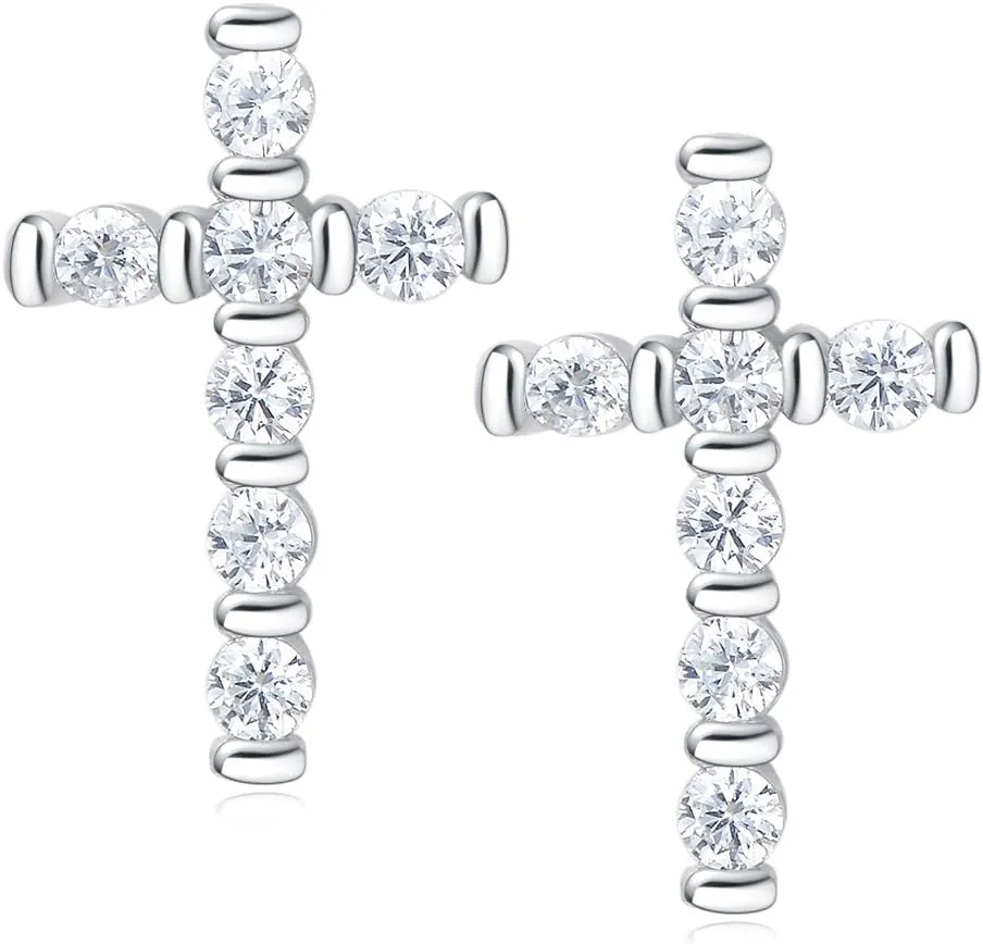 Carleen 14k Gold Plated Sterling Silver Clear CZ Cubic Zirconia Cute Dainty Petite Small Tiny Cross Stud Earrings Anniversary Christmas Holiday Gifts For Women