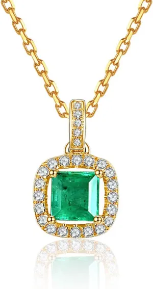 Carleen 14K Solid Yellow Gold May Birthstone 0.38CT Square Green Emerald 0.1CTTW White Diamond Small Dainty Multi-Gemstone Halo Pendant Necklace Fine Jewelry Valentines Day Gifts for Women, 18 Inch