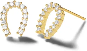 Carleen 14k Yellow Gold Plated 925 Sterling Silver Dainty Small Statement CZ Cubic Zirconia Cute Circle/Horseshoe/Triangle/Bow Tie/Merry Ring Stud Earrings Fine Jewelry for Women