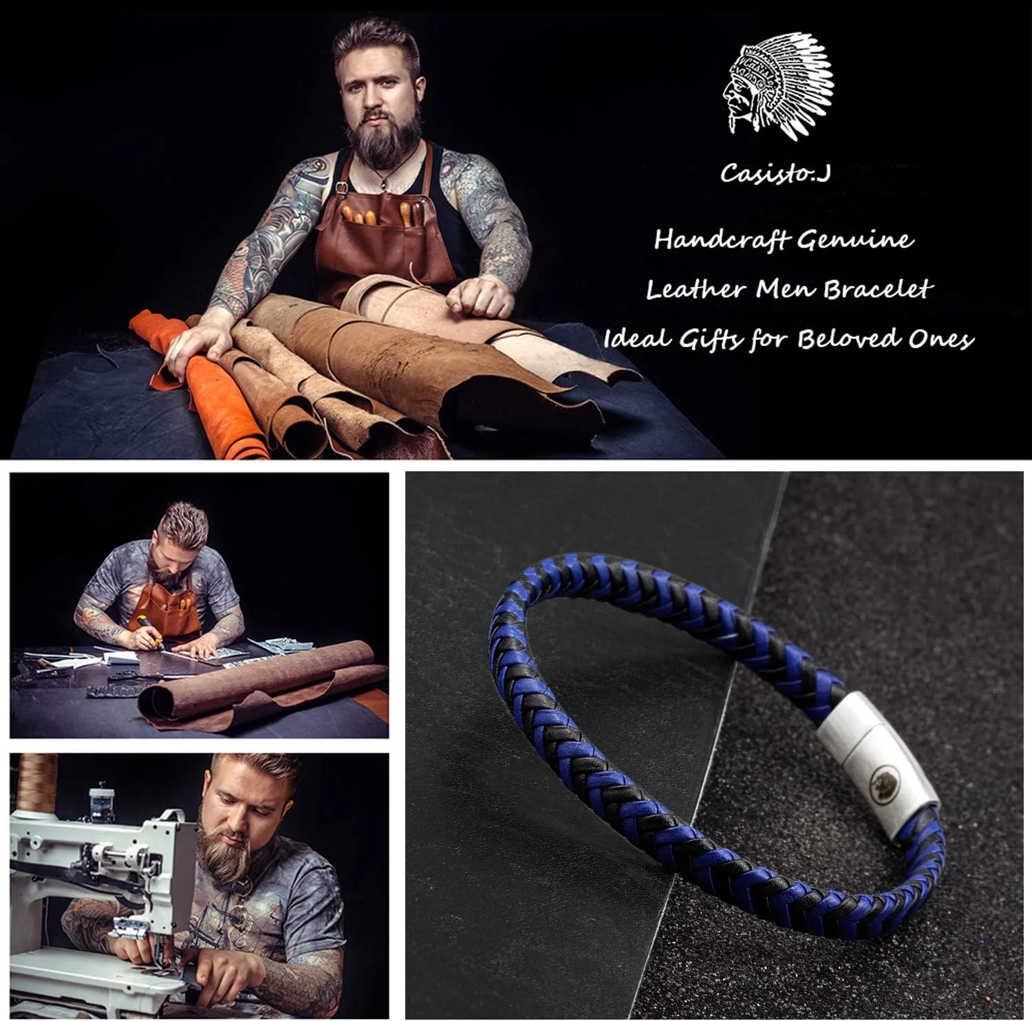 Casisto.J Men's Bracelet  Leather Bracelet  Classic Hand-Braided Cuff Black and Brown with Magnetic Clasp Engraved Gift Jewellery Gift Boxed