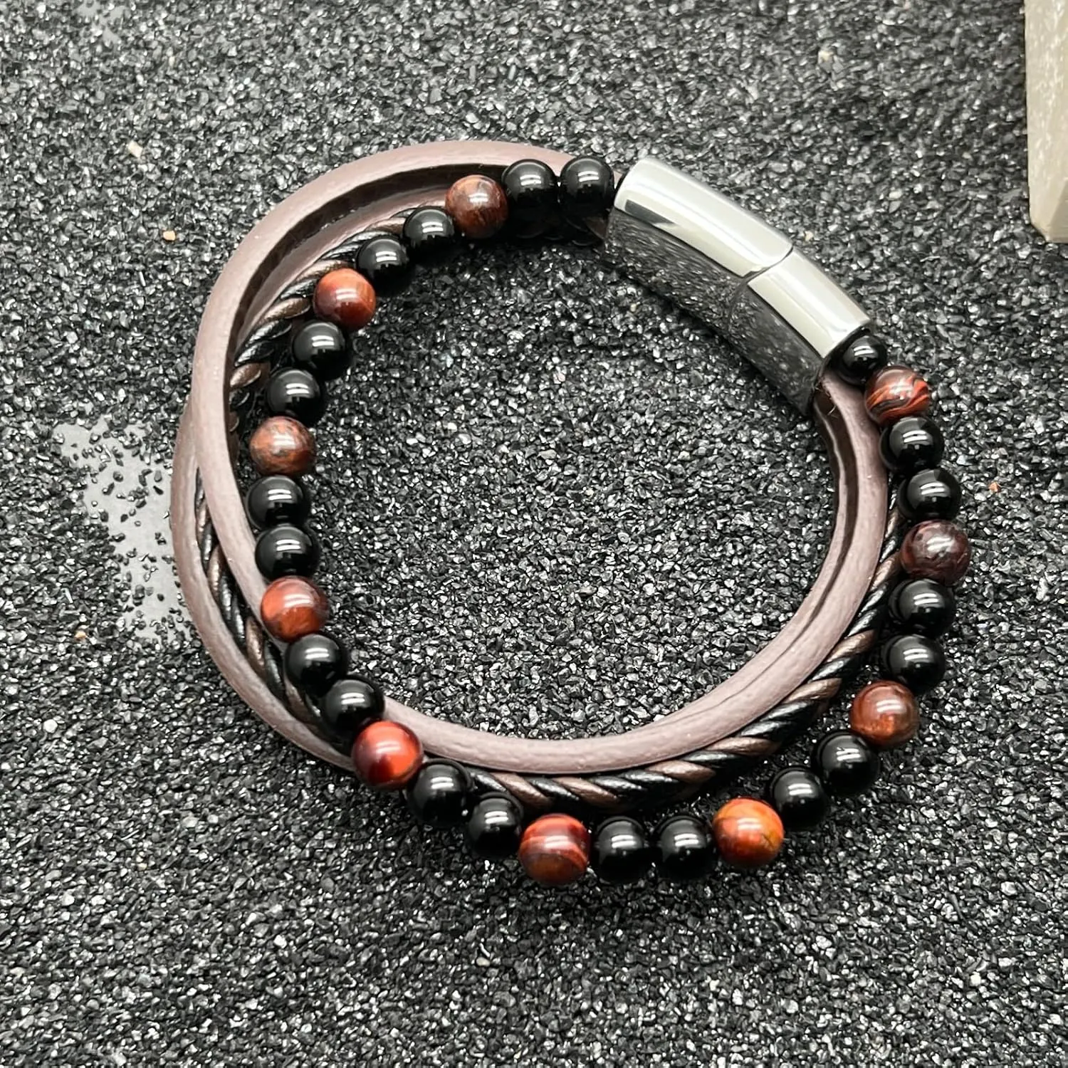 Casisto.J Mens Leather Bracelet  Beaded Perlen Classic Handmade Multi-Layer Braided Black & Brown Cuff Cowhide Bracelet volcanic rock with Engraved Magnetic Clasp Free Jewelry Gift Boxed