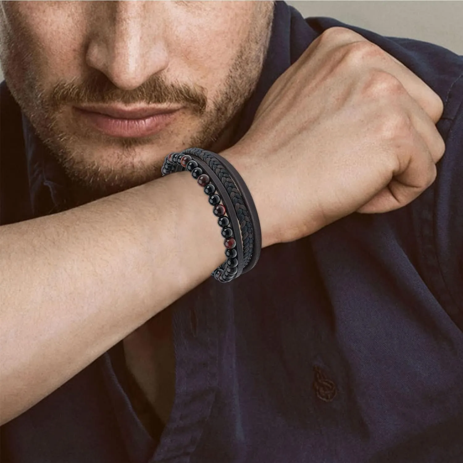 Casisto.J Mens Leather Bracelet  Beaded Perlen Classic Handmade Multi-Layer Braided Black & Brown Cuff Cowhide Bracelet volcanic rock with Engraved Magnetic Clasp Free Jewelry Gift Boxed