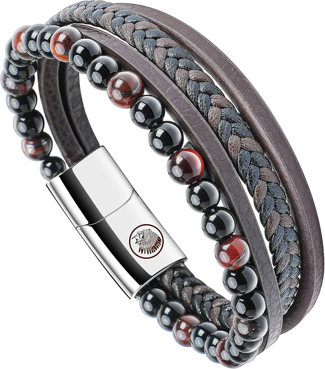 Casisto.J Mens Leather Bracelet  Beaded Perlen Classic Handmade Multi-Layer Braided Black & Brown Cuff Cowhide Bracelet volcanic rock with Engraved Magnetic Clasp Free Jewelry Gift Boxed