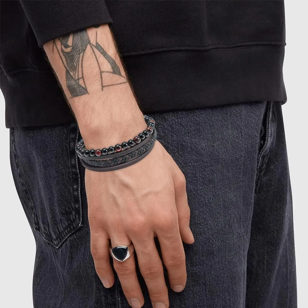 Casisto.J Mens Leather Bracelet  Beaded Perlen Classic Handmade Multi-Layer Braided Black & Brown Cuff Cowhide Bracelet volcanic rock with Engraved Magnetic Clasp Free Jewelry Gift Boxed