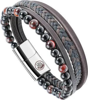 Casisto.J Mens Leather Bracelet  Beaded Perlen Classic Handmade Multi-Layer Braided Black & Brown Cuff Cowhide Bracelet volcanic rock with Engraved Magnetic Clasp Free Jewelry Gift Boxed