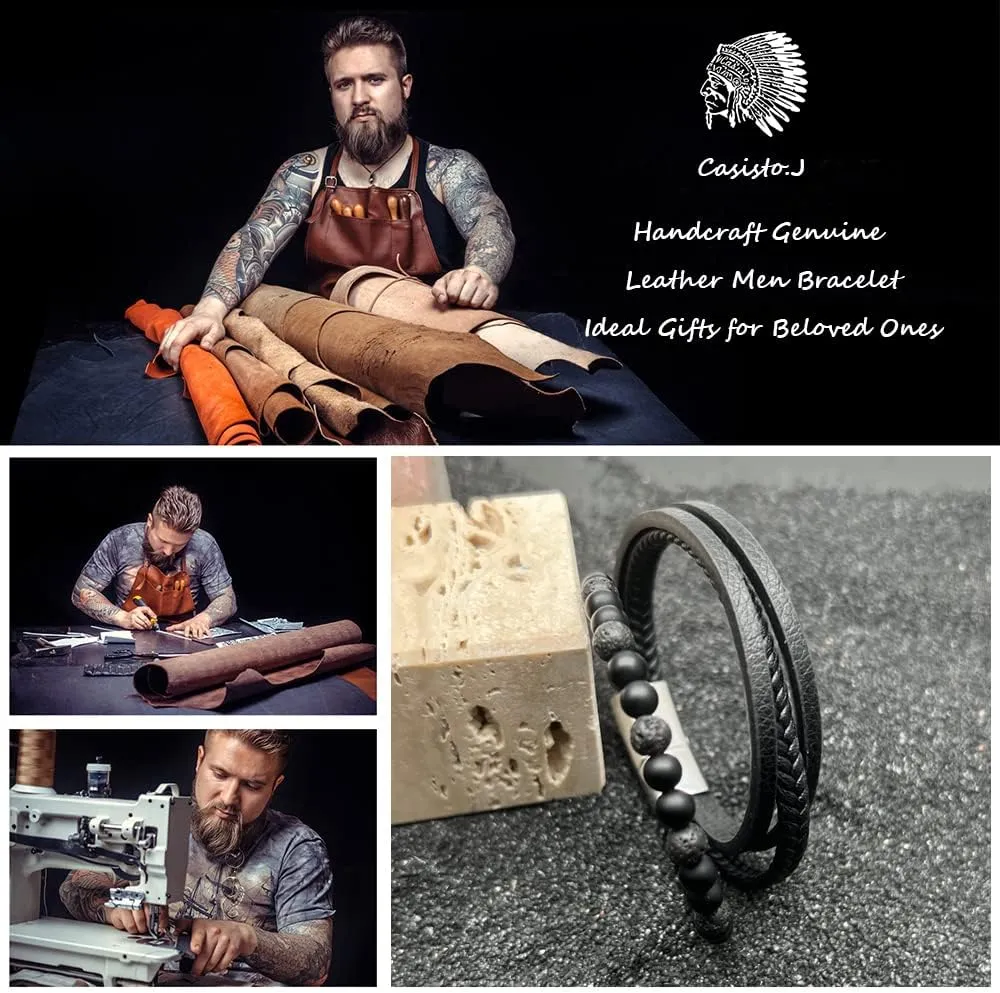 Casisto.J Mens Leather Bracelet  Beaded Perlen Classic Handmade Multi-Layer Braided Black & Brown Cuff Cowhide Bracelet volcanic rock with Engraved Magnetic Clasp Free Jewelry Gift Boxed