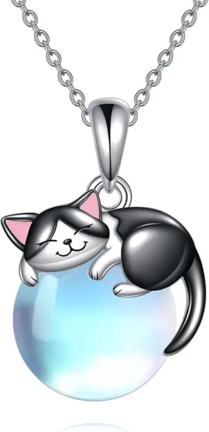 Cat Necklace Sterling Silver Cat Pendnat with Rose Quartz Pearl Jewelry Gifts for Women Cat Lovers