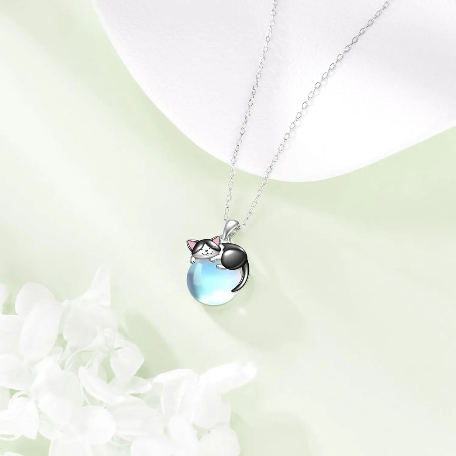 Cat Necklace Sterling Silver Cat Pendnat with Rose Quartz Pearl Jewelry Gifts for Women Cat Lovers