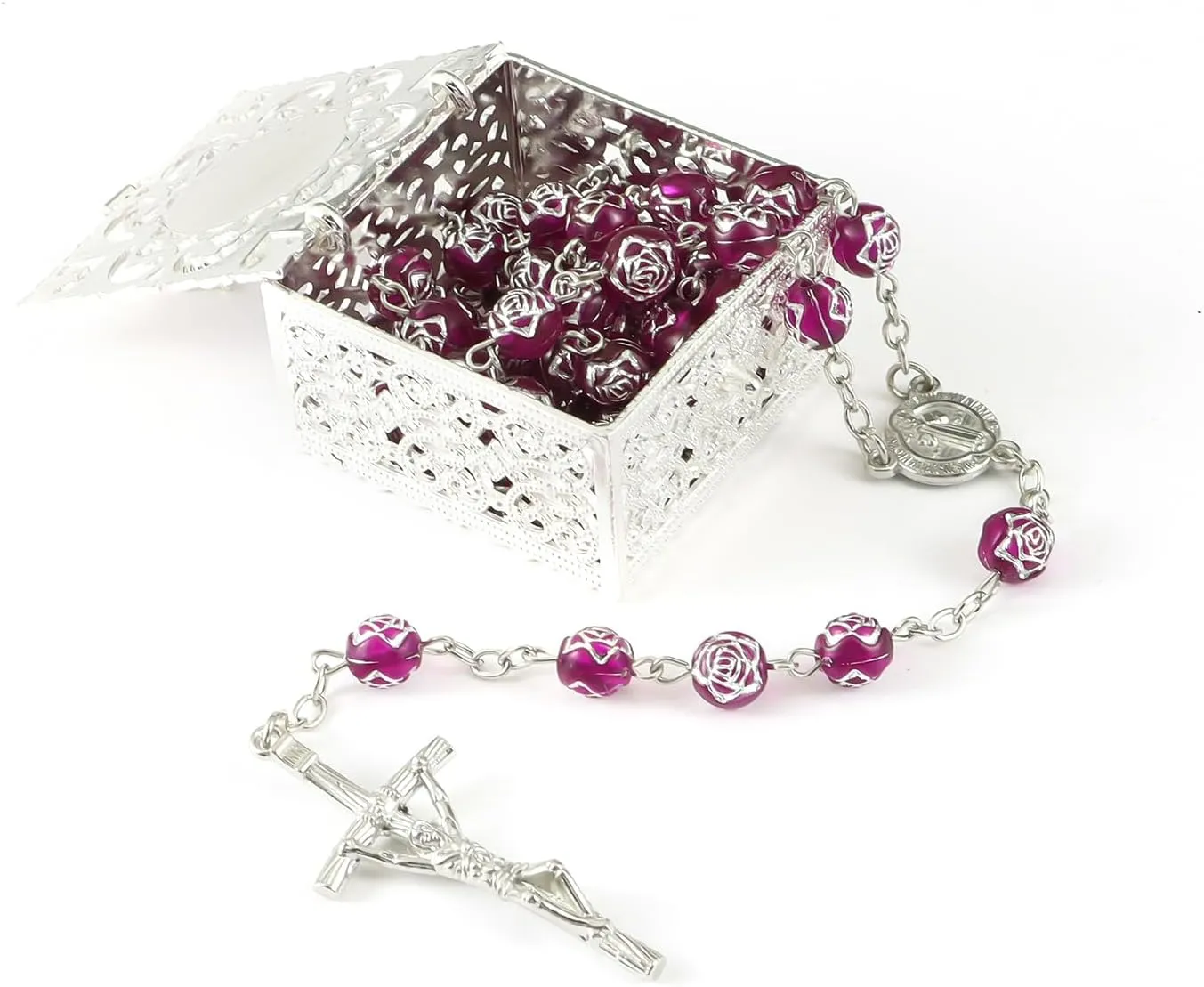 Catholic Rosary Necklace with Vintage Jewelry Box, Purple Crystal, First Communion Rosary for Girls and Boys, Anglican Prayer Beads Gift