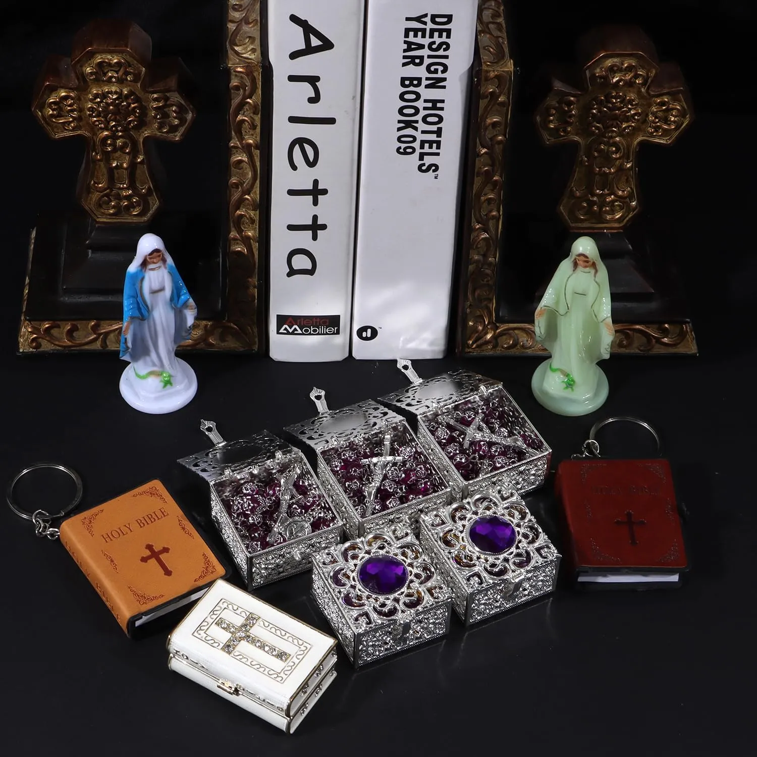 Catholic Rosary Necklace with Vintage Jewelry Box, Purple Crystal, First Communion Rosary for Girls and Boys, Anglican Prayer Beads Gift