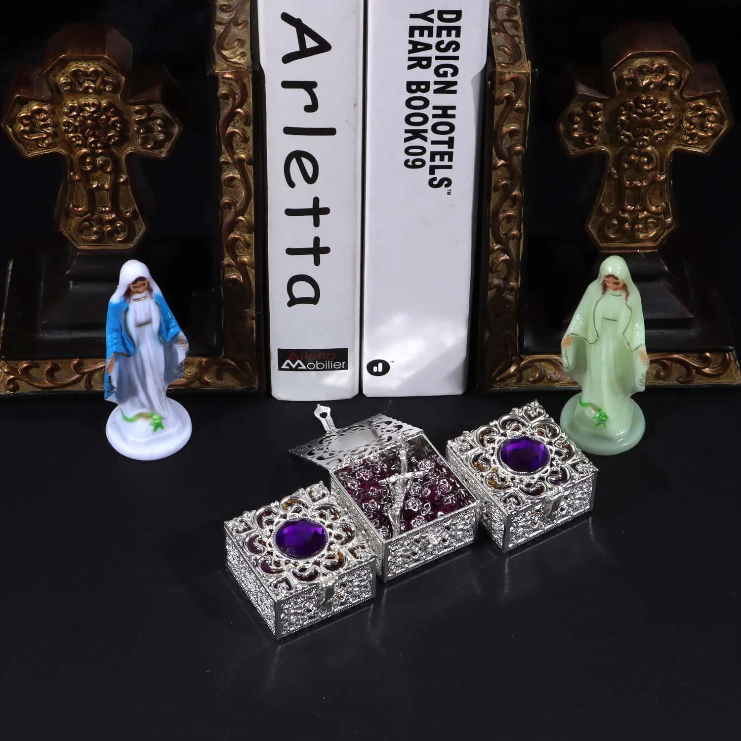 Catholic Rosary Necklace with Vintage Jewelry Box, Purple Crystal, First Communion Rosary for Girls and Boys, Anglican Prayer Beads Gift