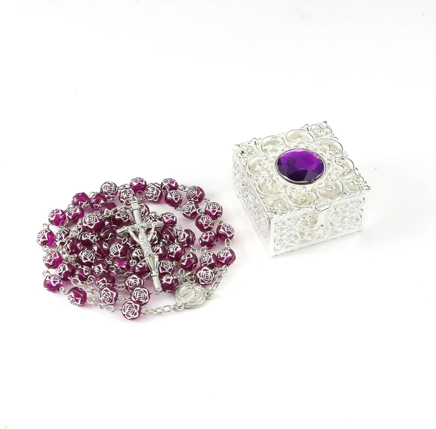 Catholic Rosary Necklace with Vintage Jewelry Box, Purple Crystal, First Communion Rosary for Girls and Boys, Anglican Prayer Beads Gift