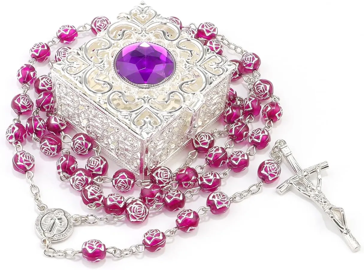 Catholic Rosary Necklace with Vintage Jewelry Box, Purple Crystal, First Communion Rosary for Girls and Boys, Anglican Prayer Beads Gift