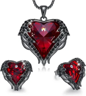 CDE Mothers Day Jewelry Set for Women, Angle Wing Heart Pendant Necklaces and Earrings with Birthstone Birthday/Anniversary Christmas Jewelry Gift for Women Wife Her